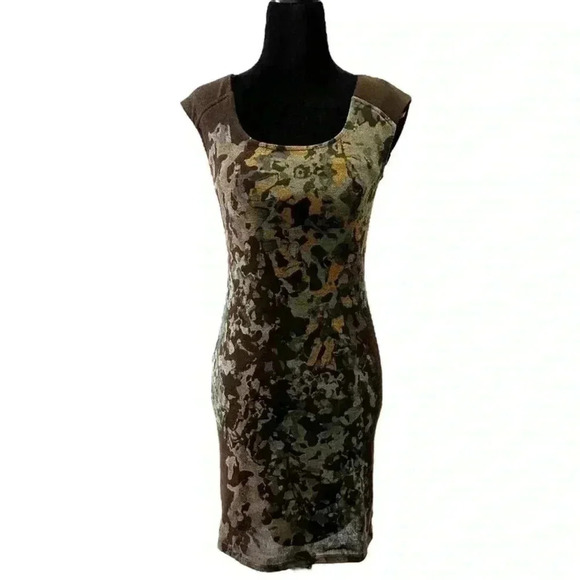 Le Chateau Midi Dress Sleeveless Stretch  Knit Brown Green Print Size XS - Picture 1 of 16